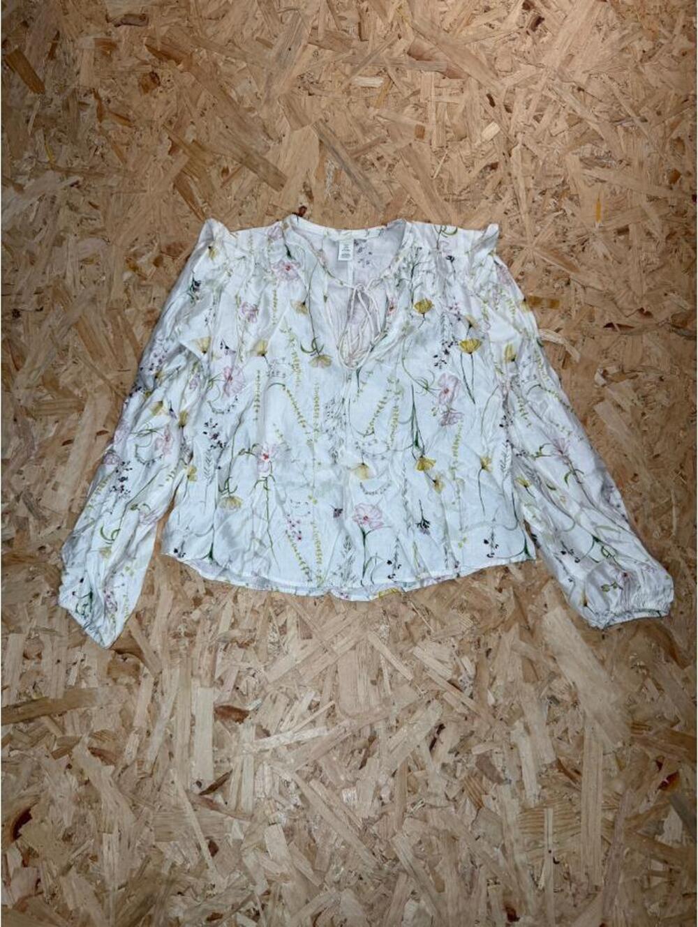 H&M Floral Blouse Womens XS White Yellow Wildflower Ruffle Long Sleeve Tie Neck